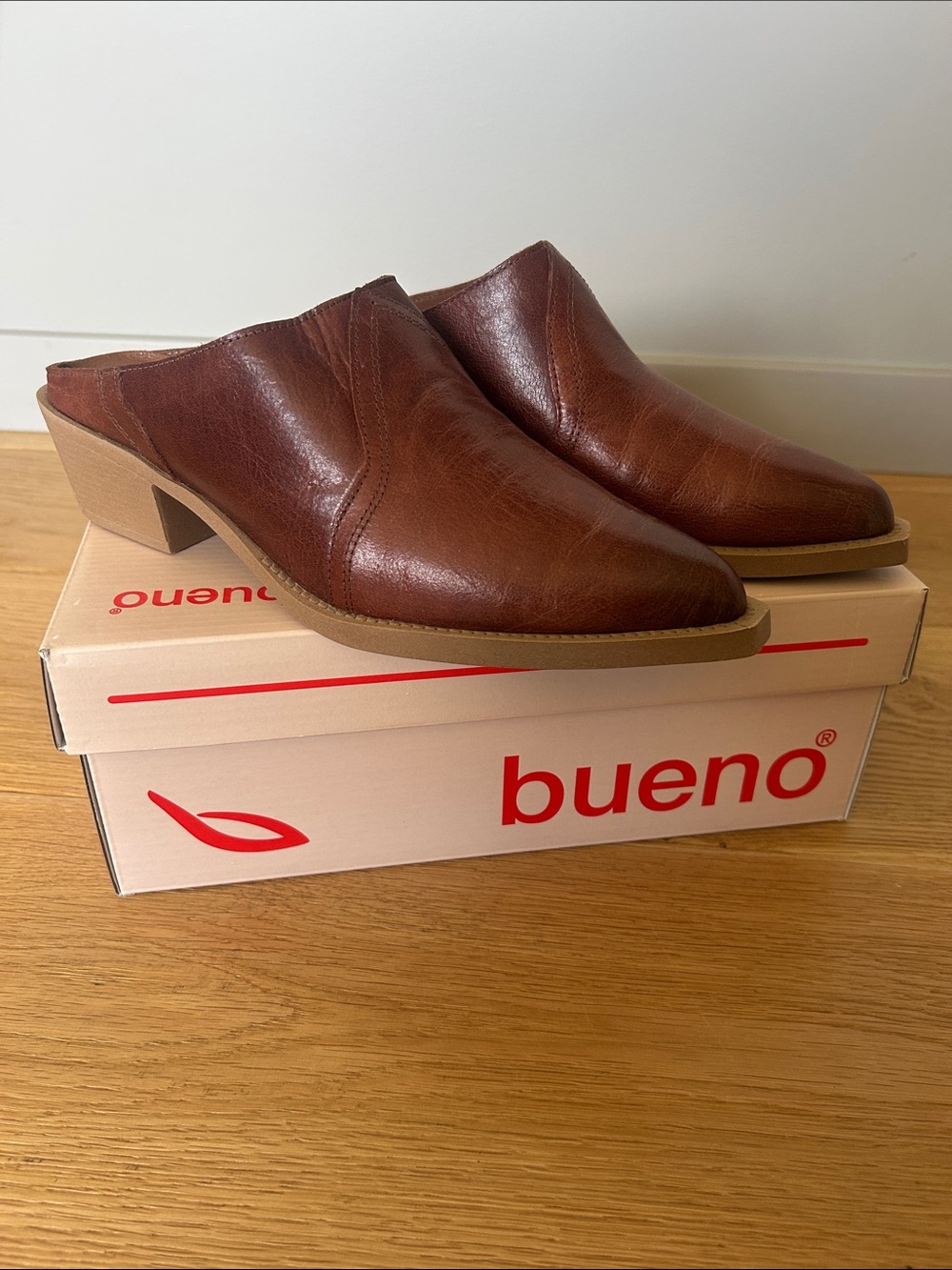 Bueno Brown Leather Slip-On Mules